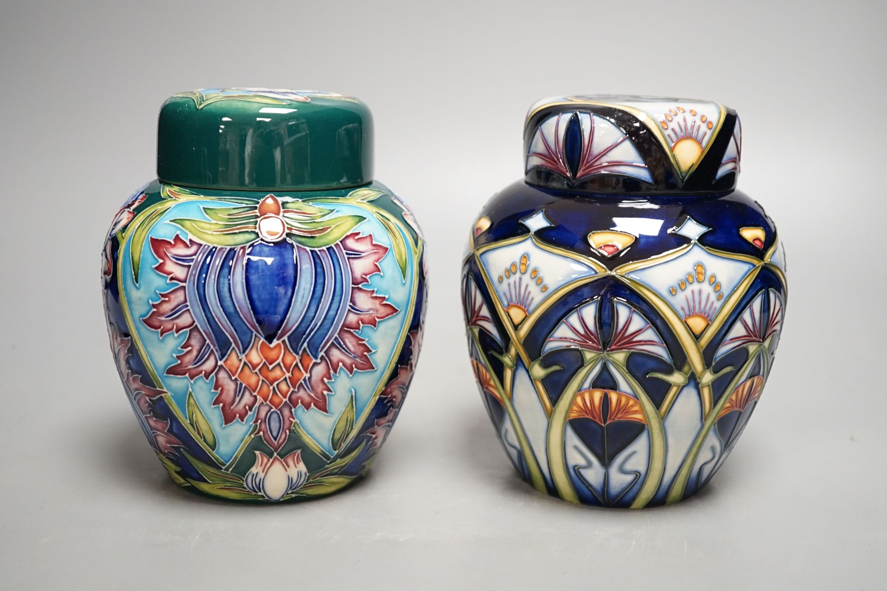 Two Moorcroft trial ginger jars and covers, signed Rachel Bishop and Shirley Hayes, 2001 and 2002, 16cm., with boxes